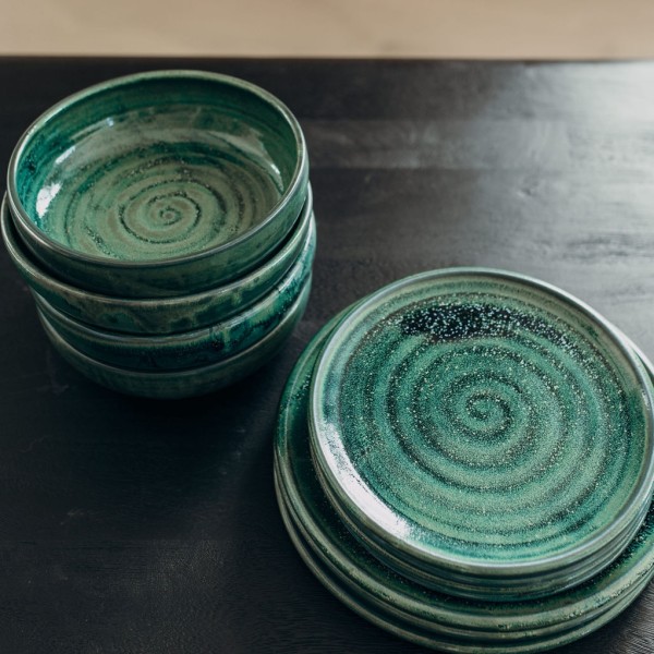 Keramik Geschirr-Set handgemacht - magic green - für 4 Personen